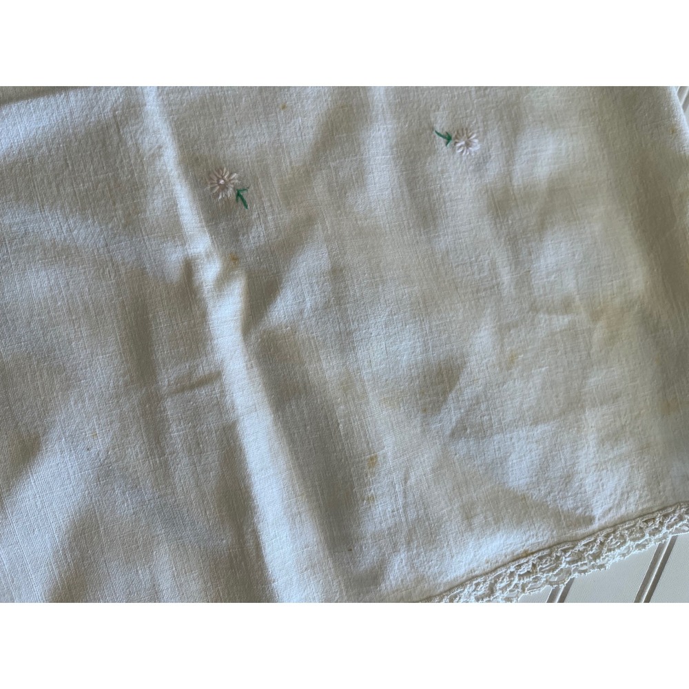 Vintage Hand Embroidered Floral Tablecloth White Lace Trim Cottagecore 48x44 - Picture 7 of 7